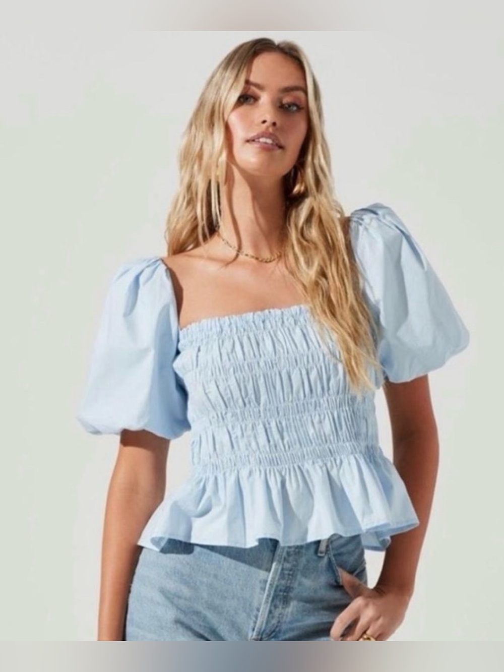 ASTR The Label Light Blue Smocked Puff Sleeve Peplum Top Size L